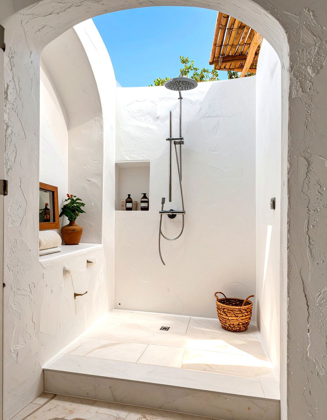 The Greek Islands Whitewash - 30 doorless walk-in shower ideas