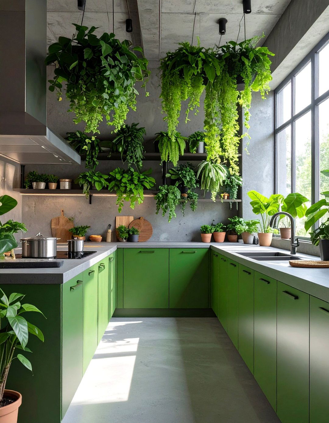 The Green Industrial Kitchen with Plants - 30 industrial kitchen design ideas