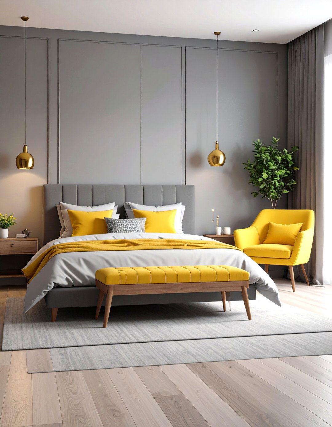 The Grey Bedroom with a Pop of Yellow - 30 grey bedroom ideas