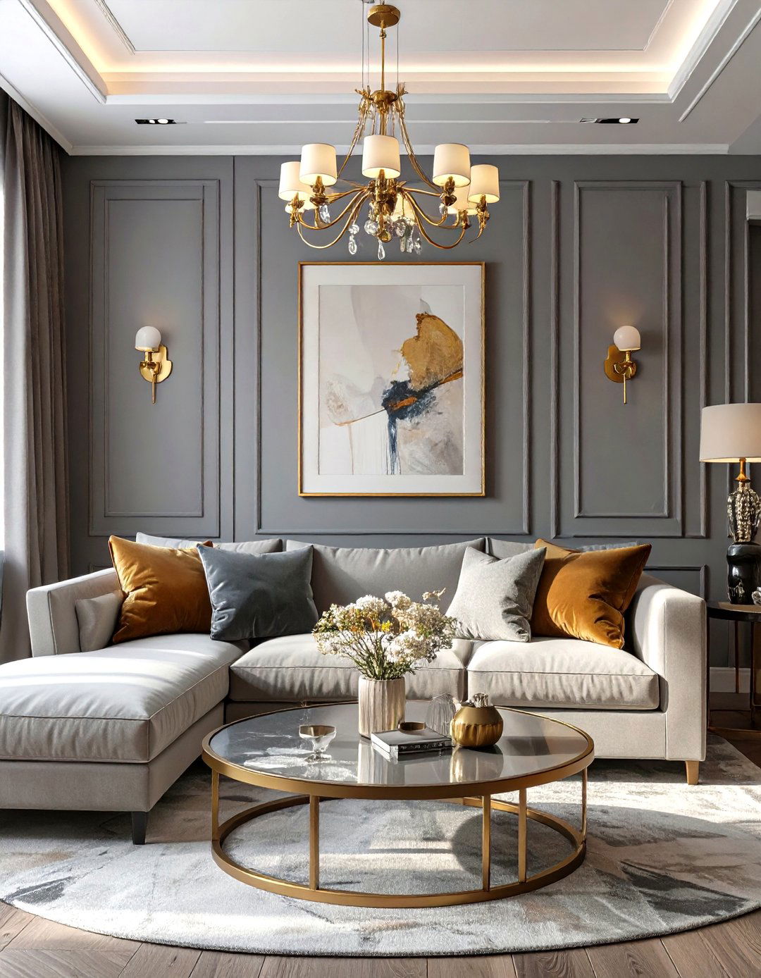 The Grey Living Room with Warm Metal Accents - 30 cosy grey living room ideas