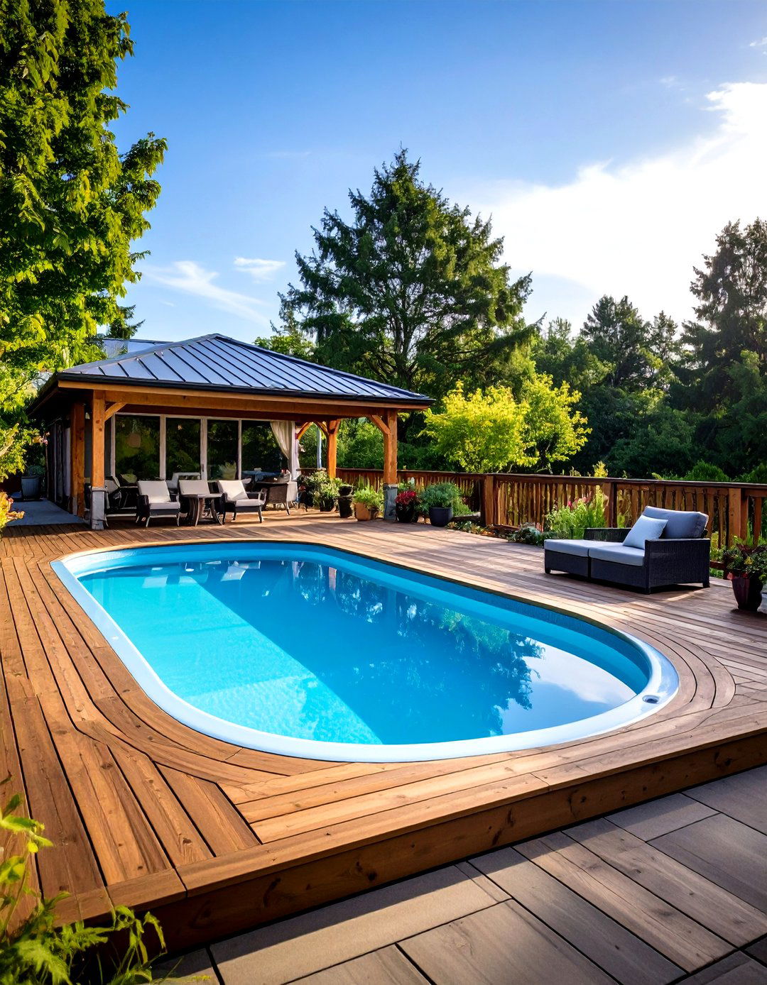 The Half Surround Deck - 30 diy above ground pool deck ideas on a budget