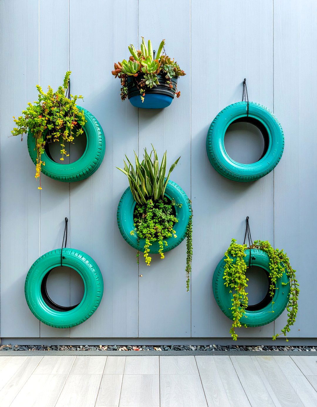 The Half Tyre Wall Planter Array - 30 creative landscape tyre garden designs