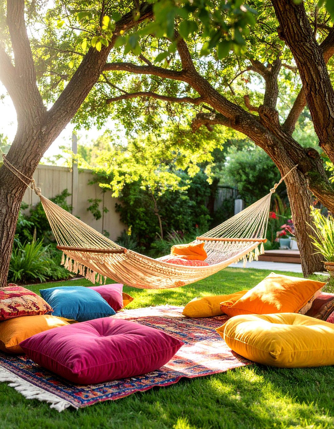The Hammock and Floor Pillow Lounge - 30 backyard patio ideas on a budget