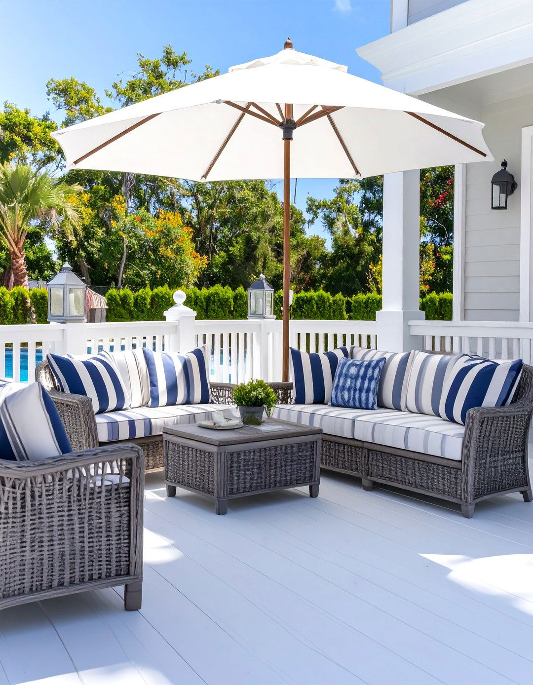 The Hamptons Inspired White Deck - 30 deck ideas for above ground pools