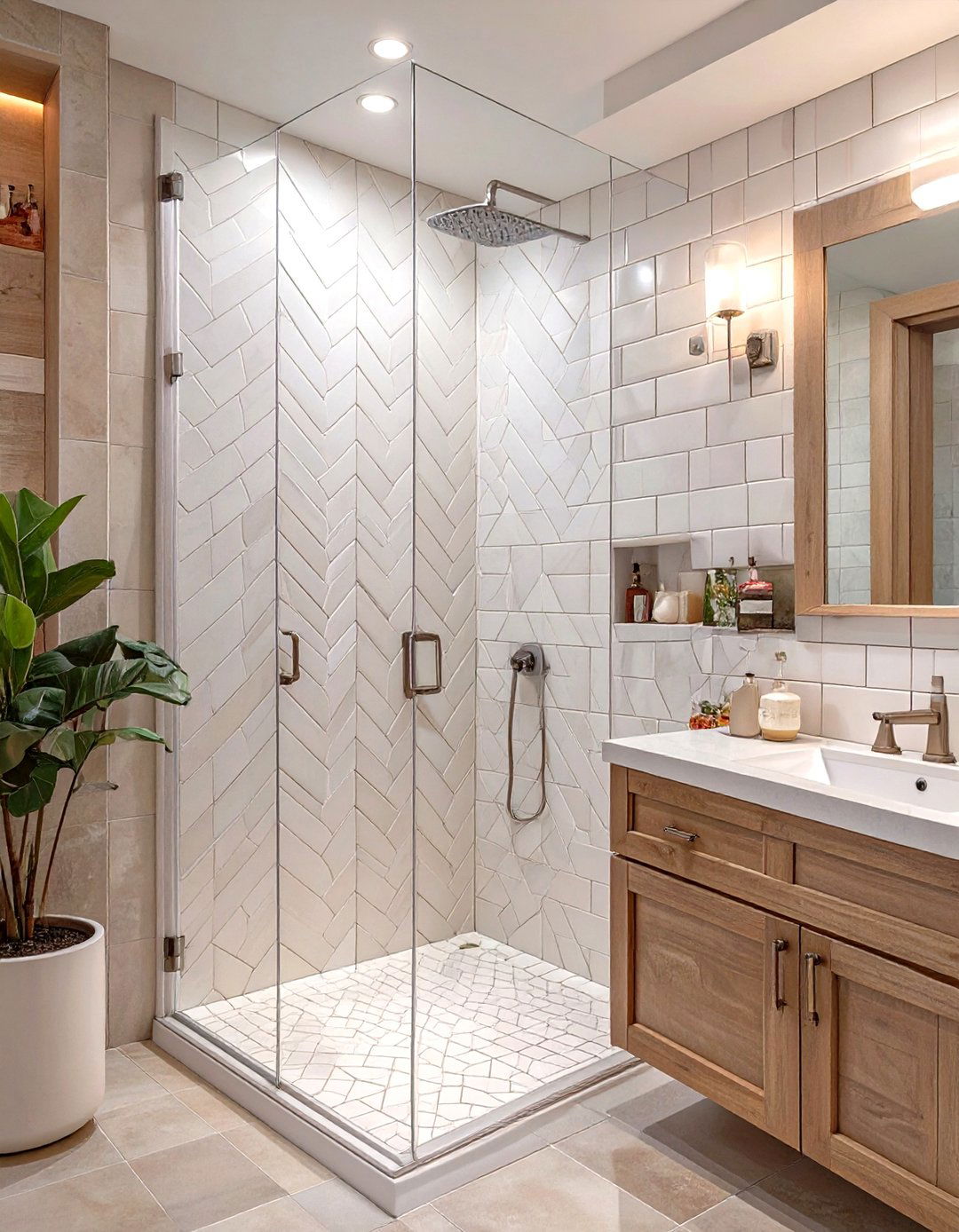 The Herringbone Tile Pattern Walk in Shower - 30 master bathroom walk in shower ideas