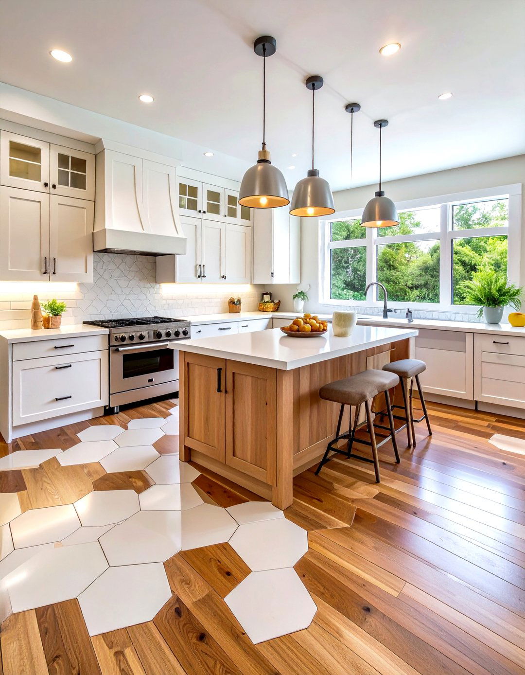 The Hexagon Tile Fade - 30 kitchen tile to wood floor transition ideas