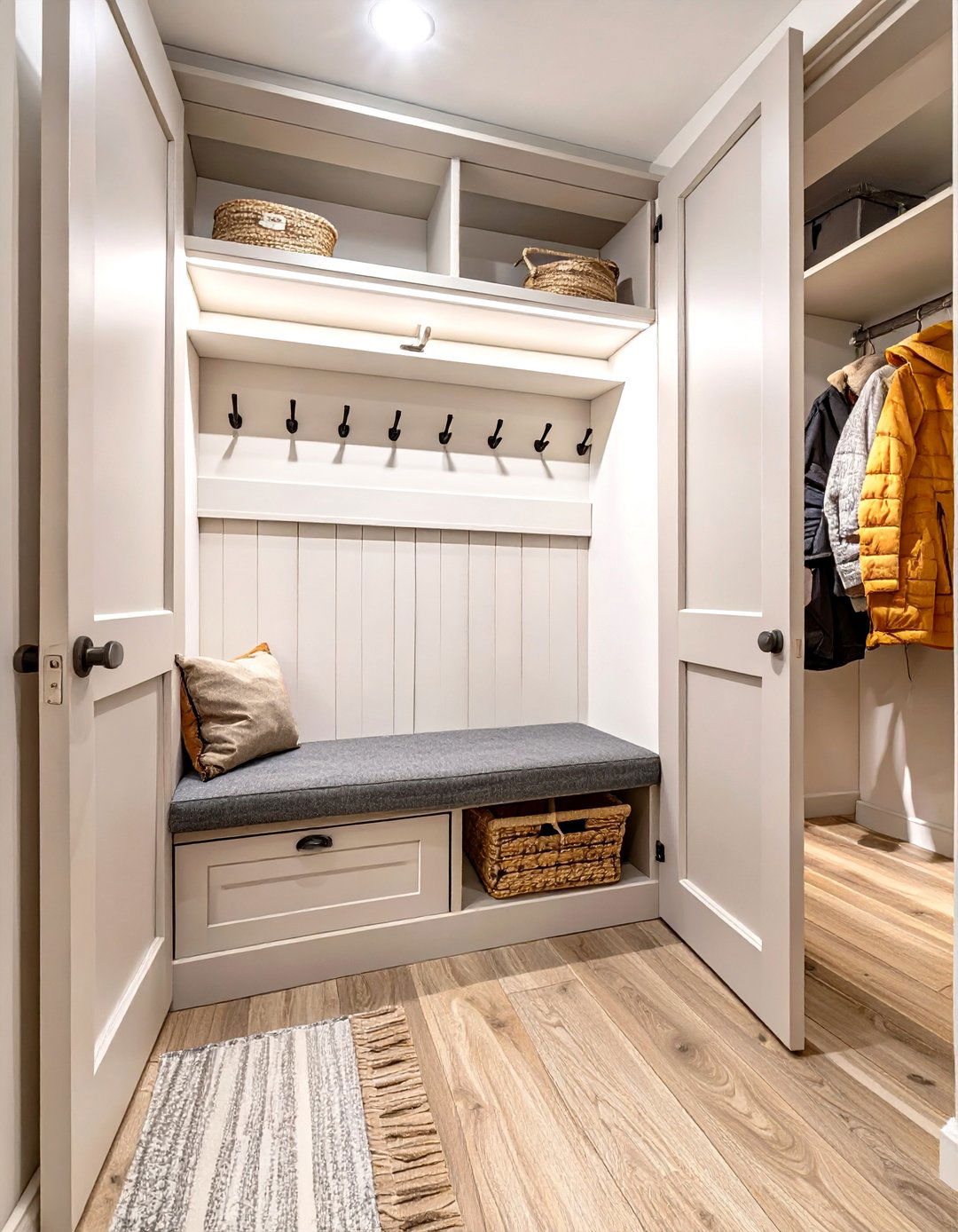 The Hidden Bench Seating Closet - 30 coat closet organization ideas