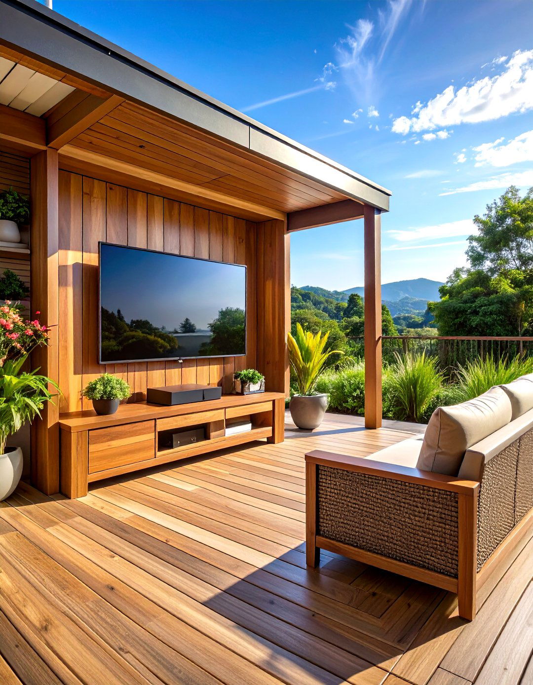 The Hidden In Bench Retracting TV Lift - 30 diy outdoor tv ideas