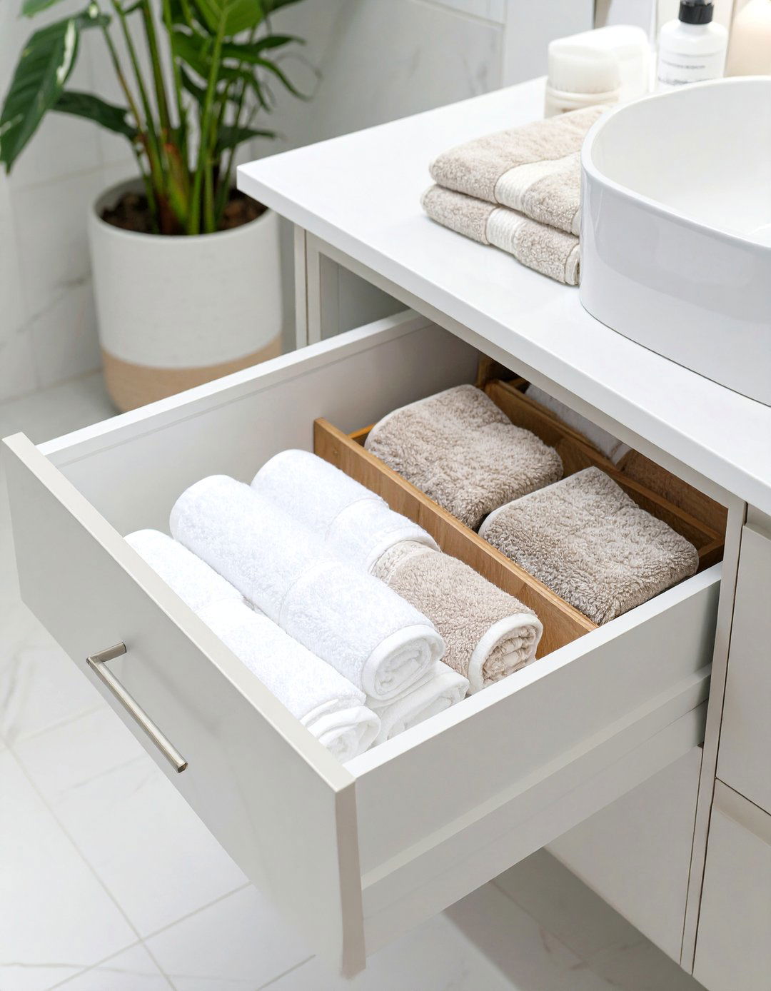 The Hidden Towel Drawer Organizer - 30 bathroom towel ideas