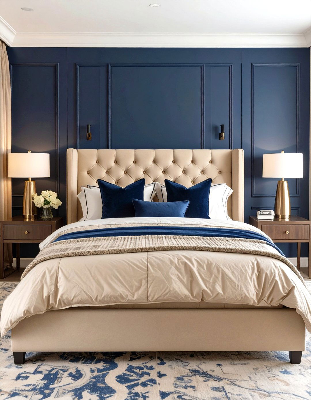 The High Contrast Beige and Navy Bedroom - 30 modern beige bedroom ideas