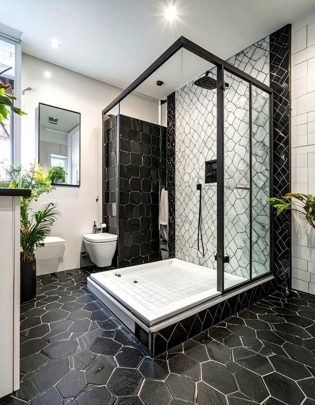 The High Contrast Black and White Curbless Shower - 30 curbless shower ideas