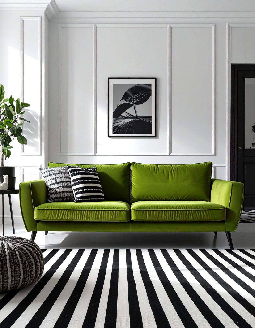 The High Contrast Black and White Living Room - 30 olive green sofa living room ideas