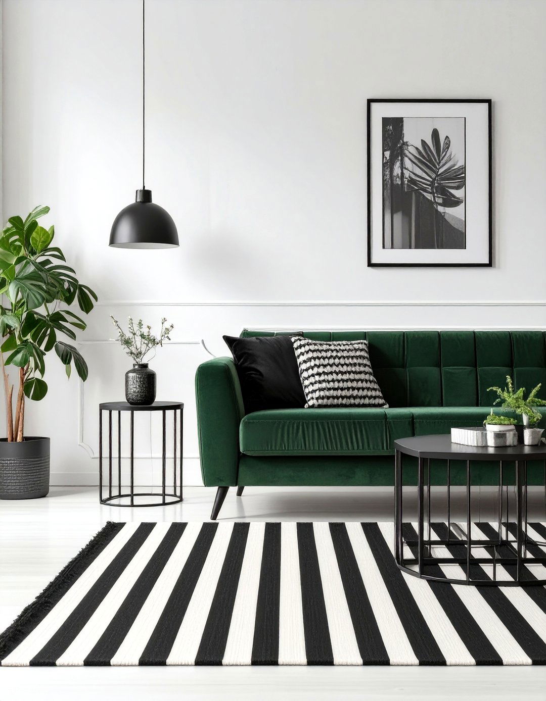 The High Contrast Black and White Living Room - 30 dark green sofa living room ideas