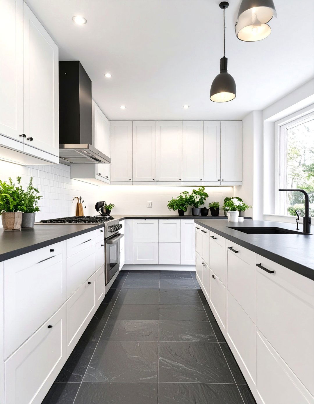 The High Contrast White Kitchen with a Dark Floor - 30 all white kitchen ideas