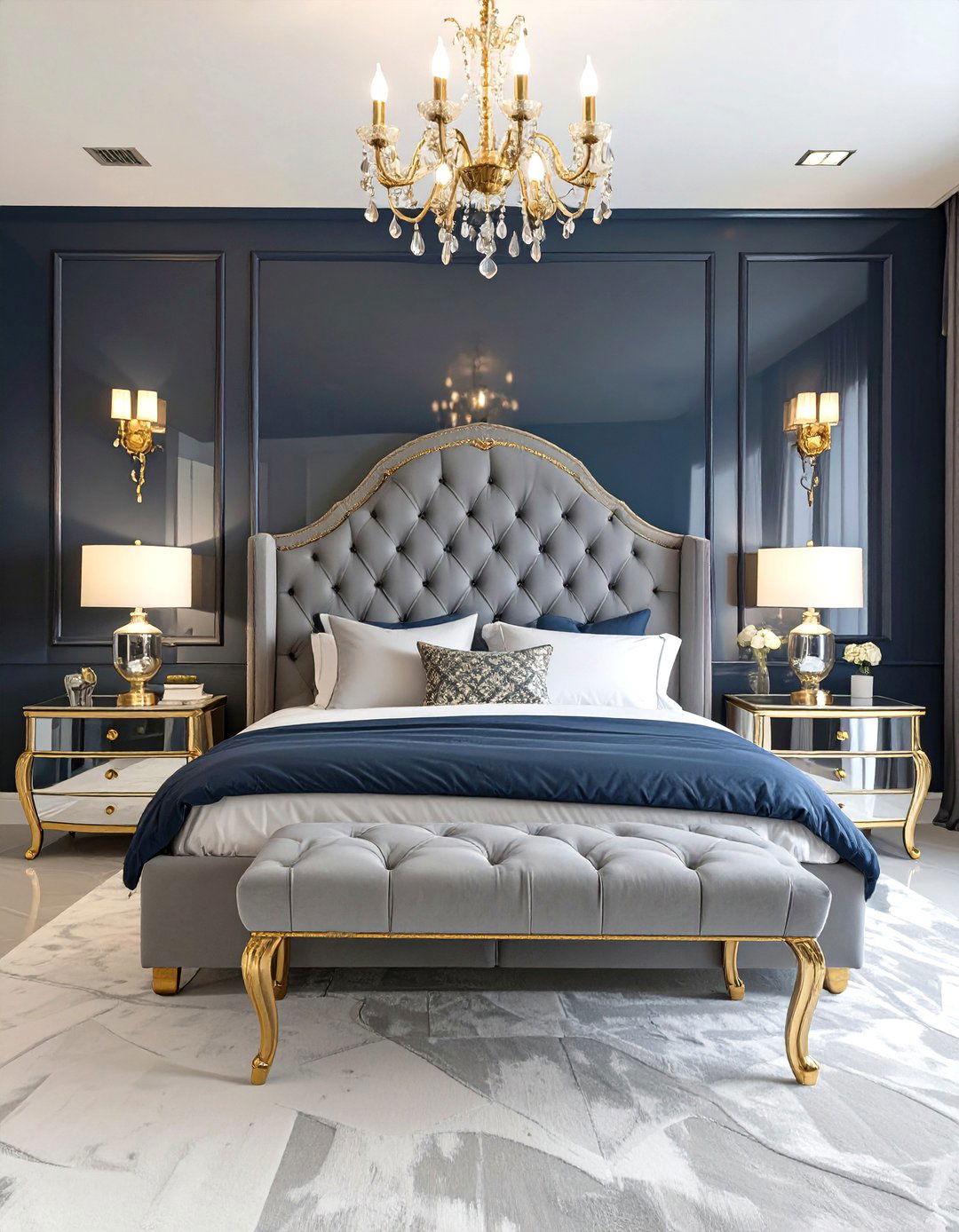 The Hollywood Regency Bedroom - 30 navy blue and grey bedroom ideas