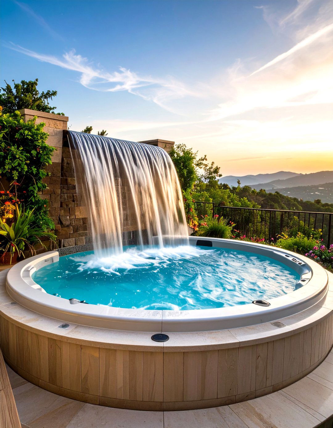 The Hot Tub with a Waterfall Feature - 30 hot tub patio ideas