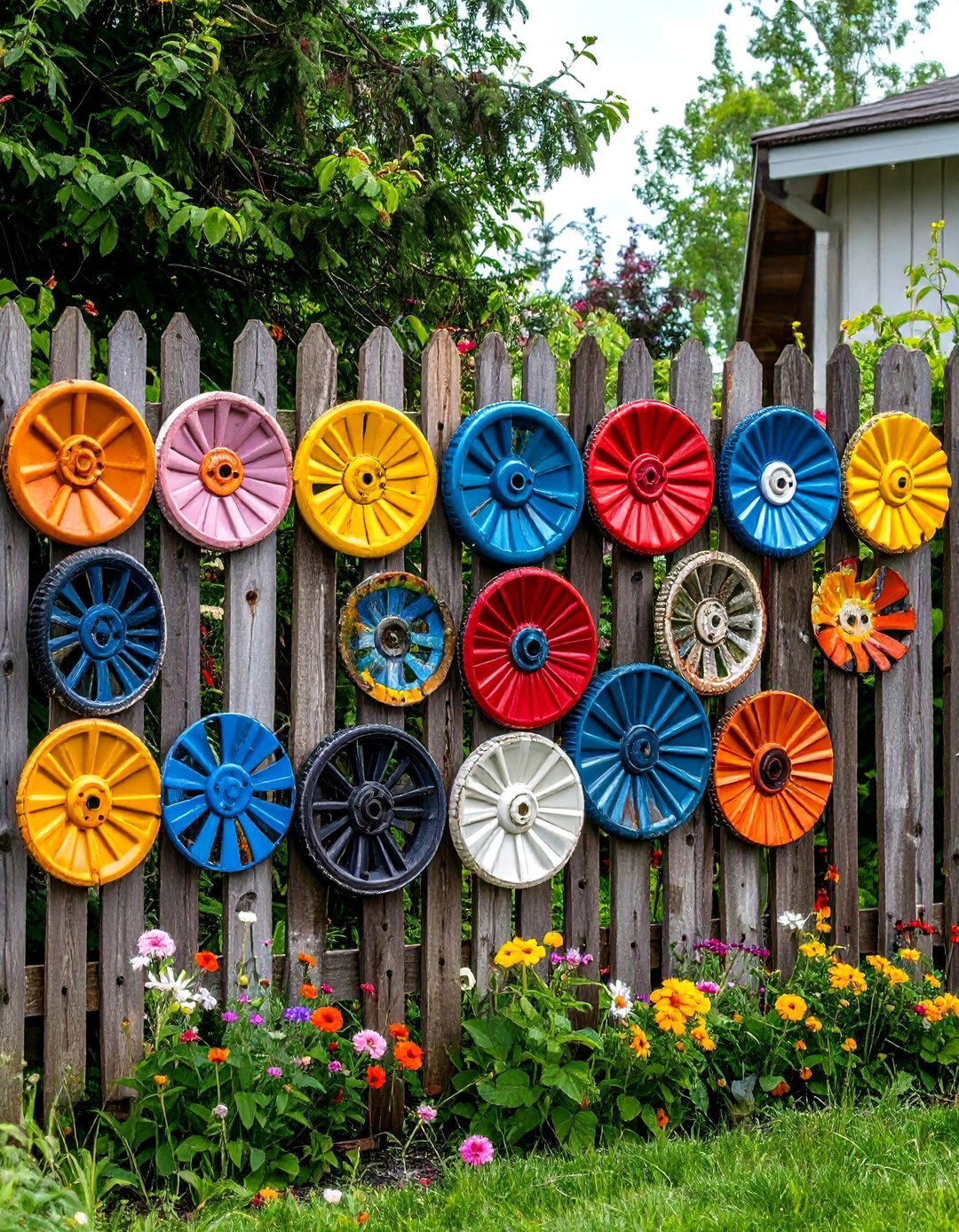 The Hubcap Flower Art Display - 30 inexpensive landscaping ideas