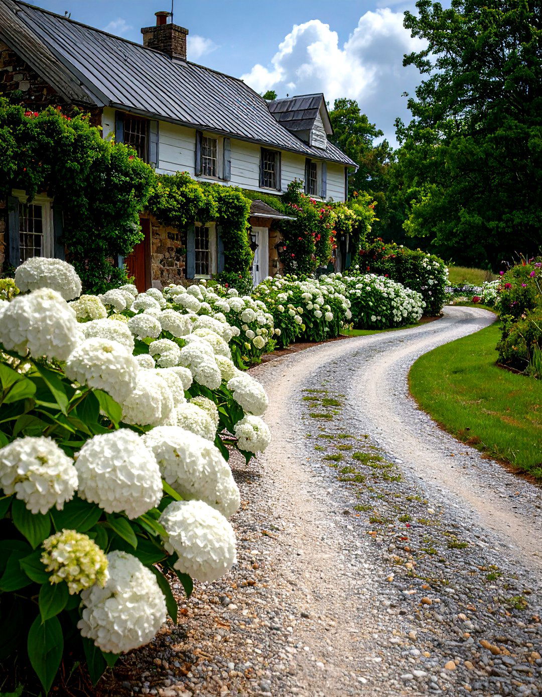 The Hydrangea Lined Driveway - 30 farmhouse landscaping ideas