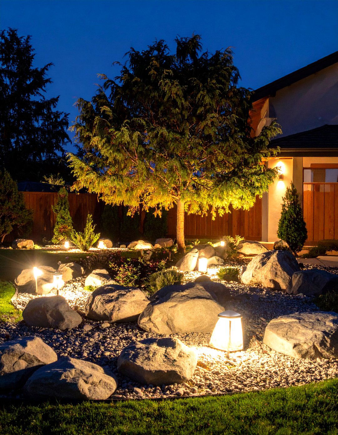 The Illuminated Nightscape Rock Garden - 30 front yard landscaping ideas modern rock garden ideas