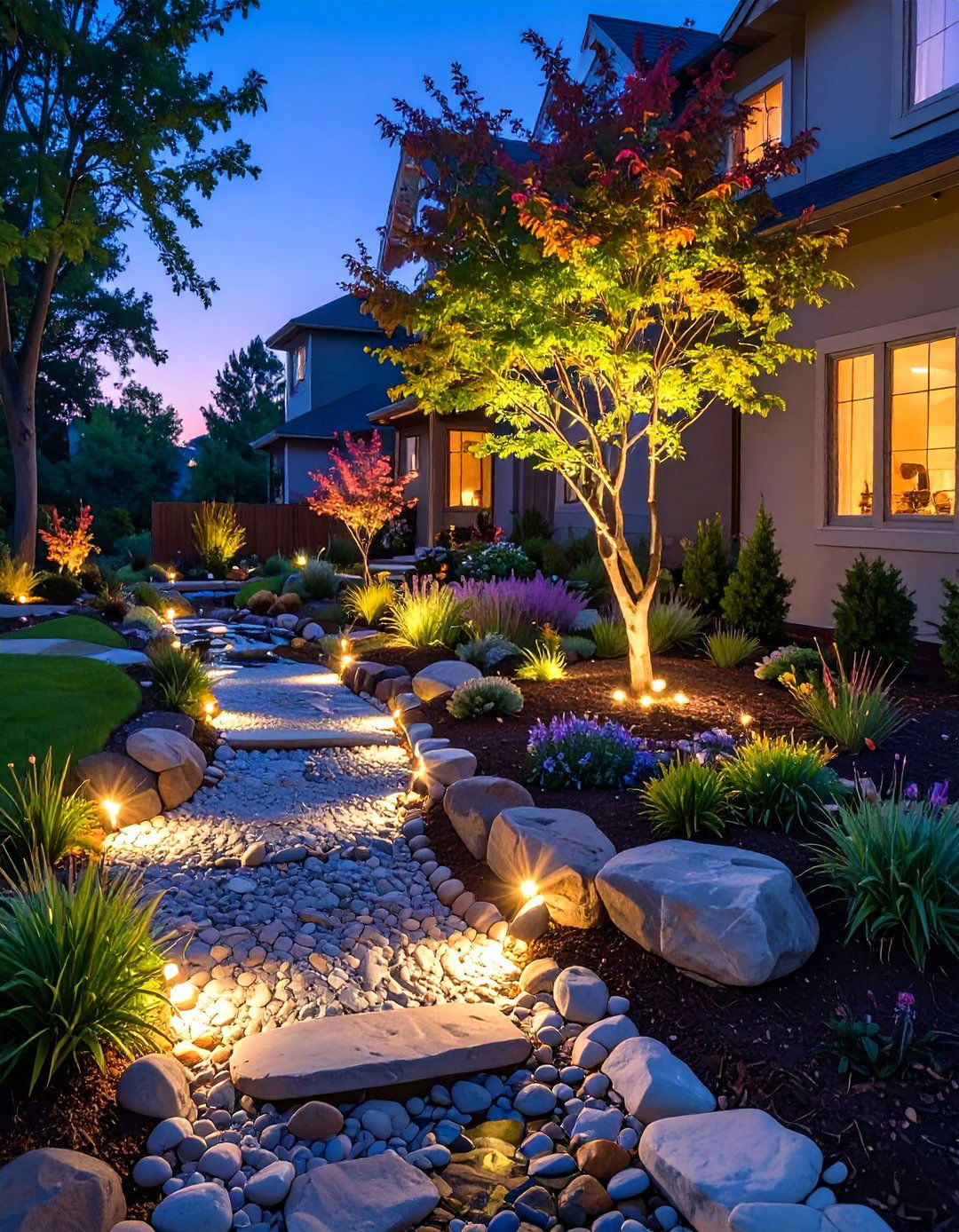 The Illuminated Nightscape with Strategic Lighting - 30 low maintenance front yard landscaping ideas with rocks and mulch