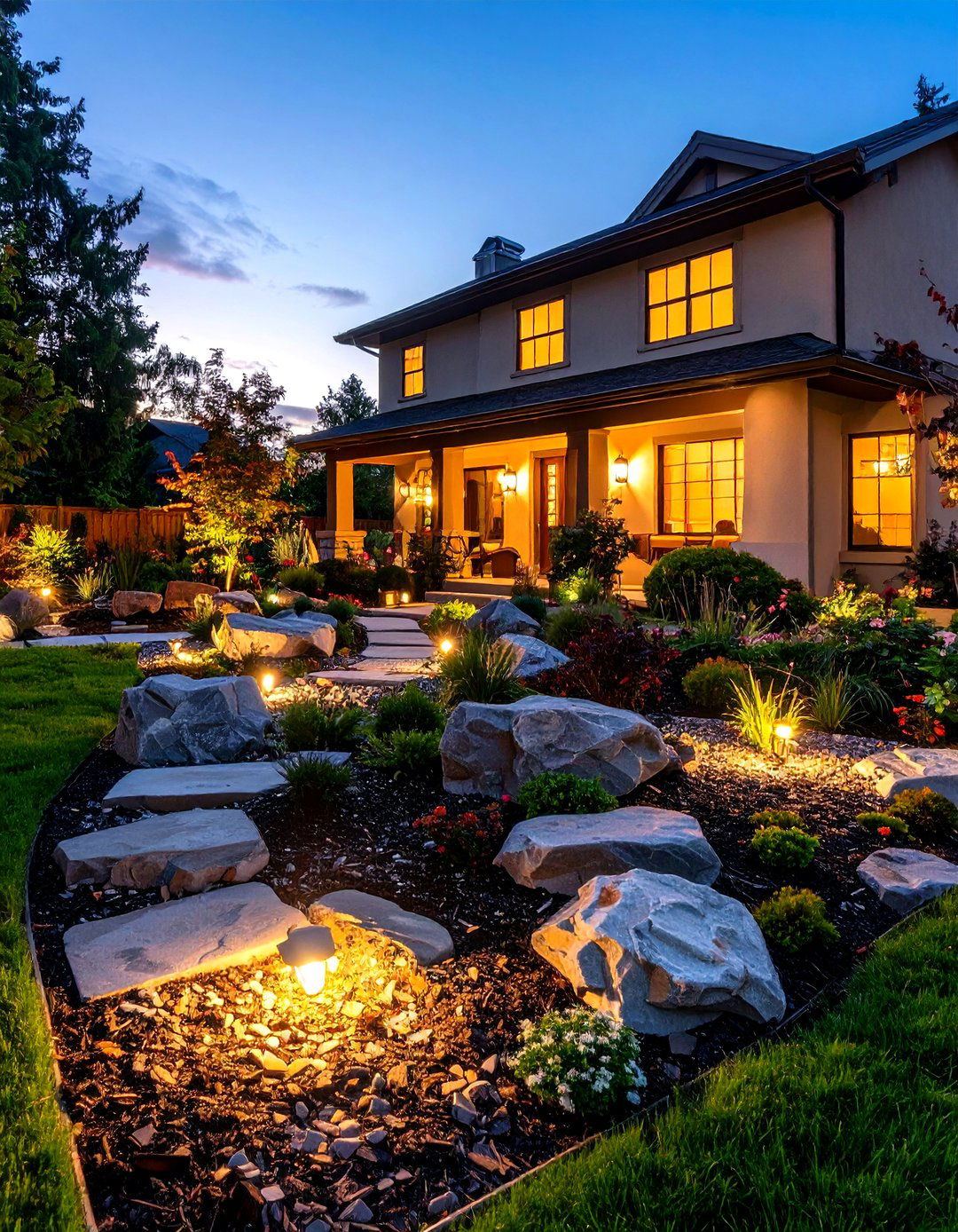 The Illuminated Rock and Mulch Display - 30 front yard landscaping ideas with rocks and mulch