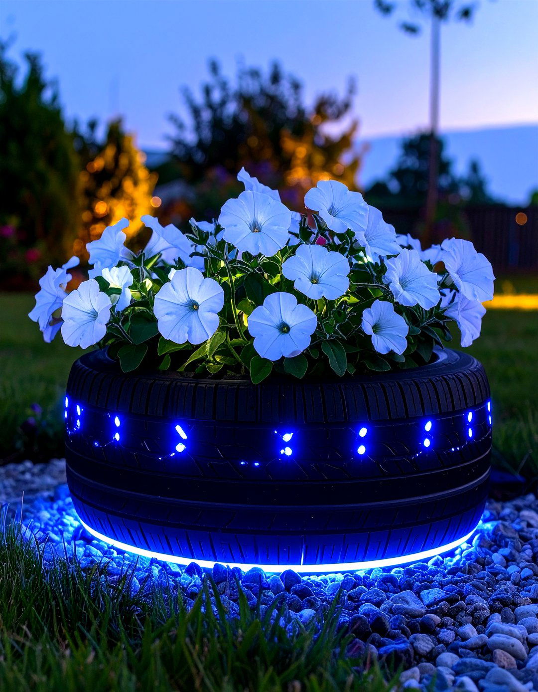 The Illuminated Tyre Garden Night Feature - 30 creative landscape tyre garden designs