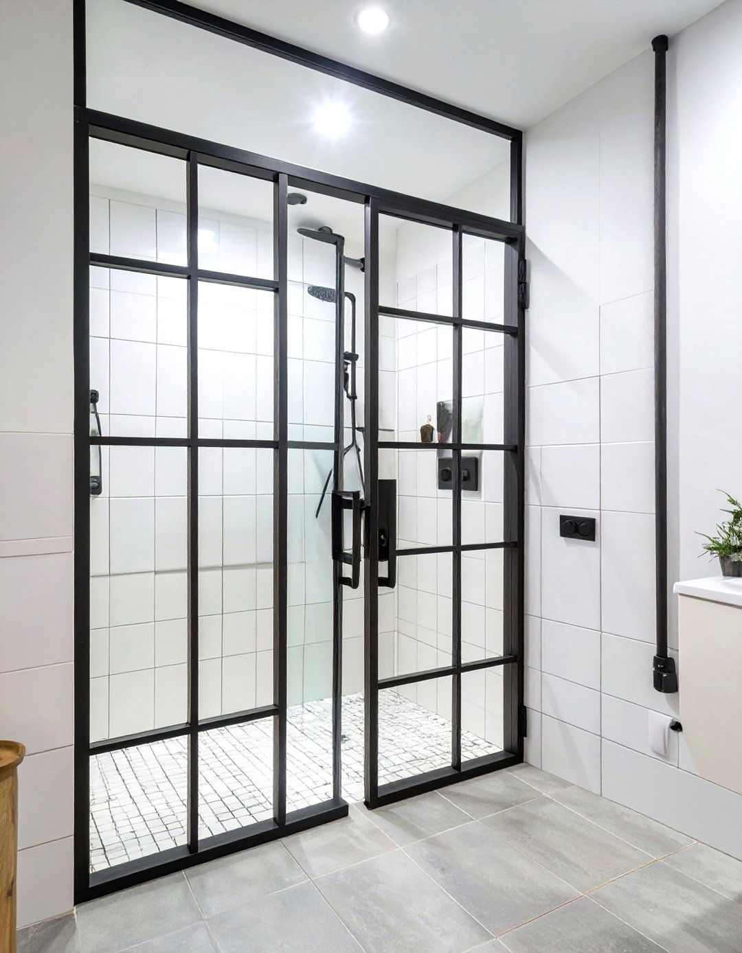The Industrial Bathroom with Black Steel Framed Doors - 30 industrial bathroom ideas