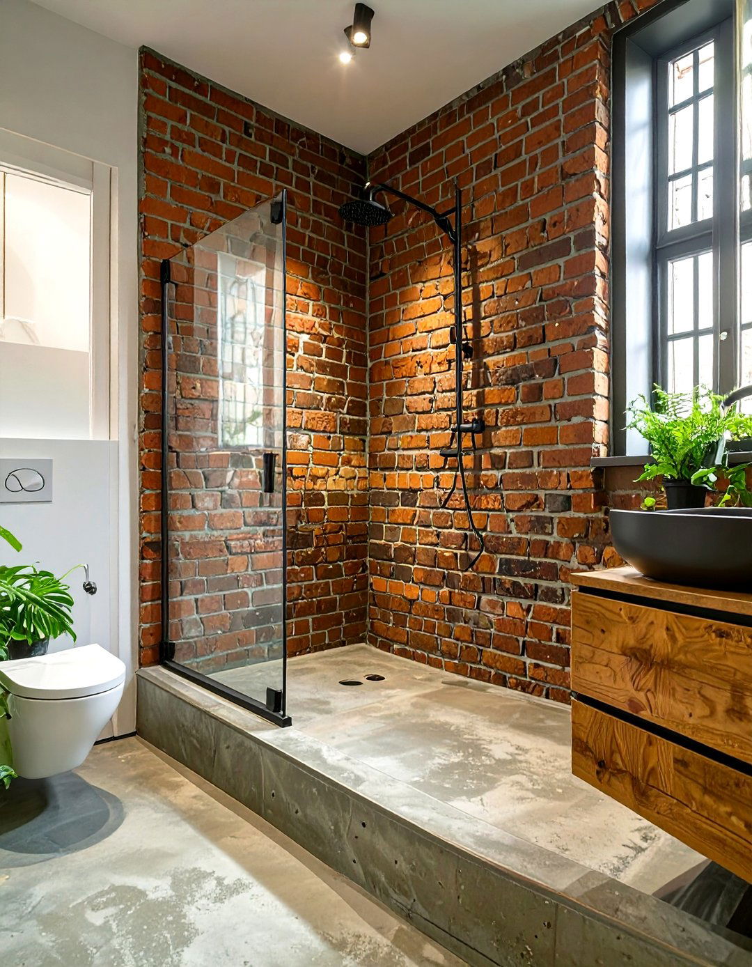 The Industrial Brick Curbless Shower - 30 curbless shower ideas