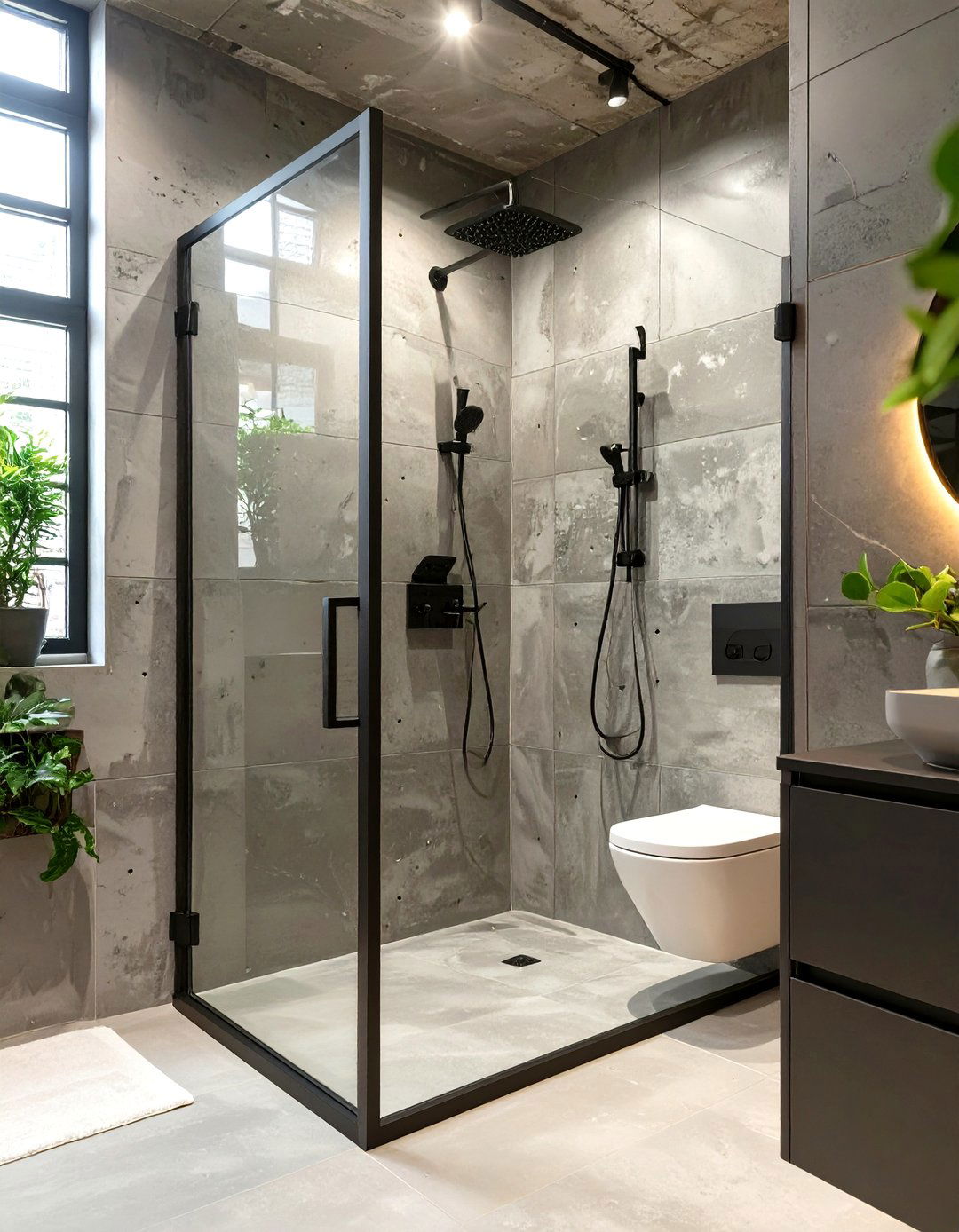 The Industrial Chic Concrete Walk in Shower - 30 master bathroom walk in shower ideas
