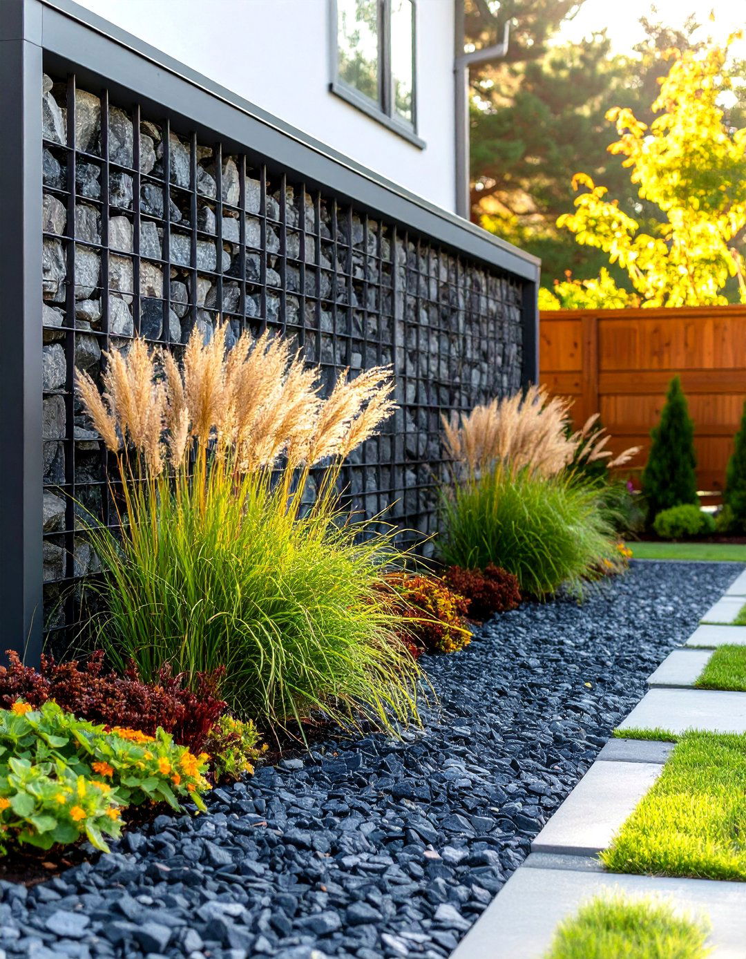 The Industrial Chic Look with Gabion Walls - 30 low maintenance front yard landscaping ideas with rocks and mulch