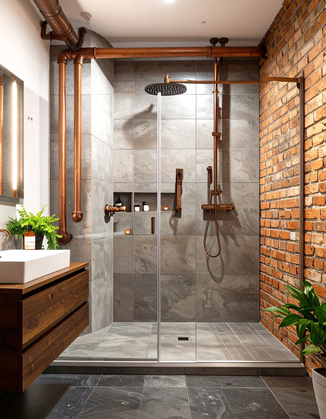 The Industrial Loft with Exposed Brick - 30 doorless walk-in shower ideas