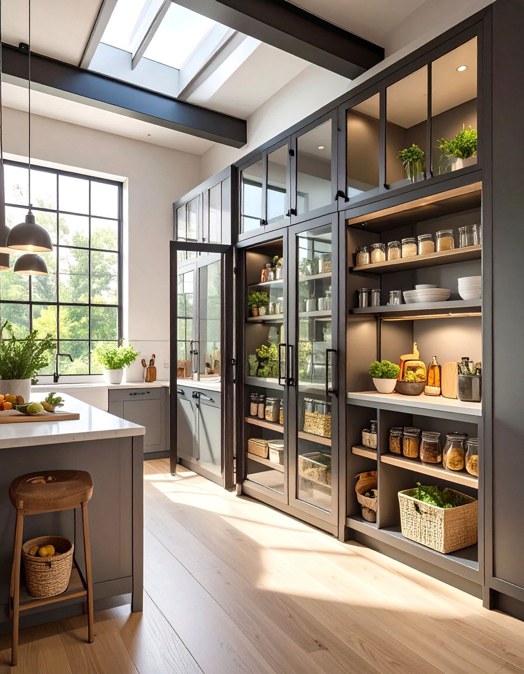 The Industrial Metal and Glass Pantry - 30 hidden small walk in pantry ideas