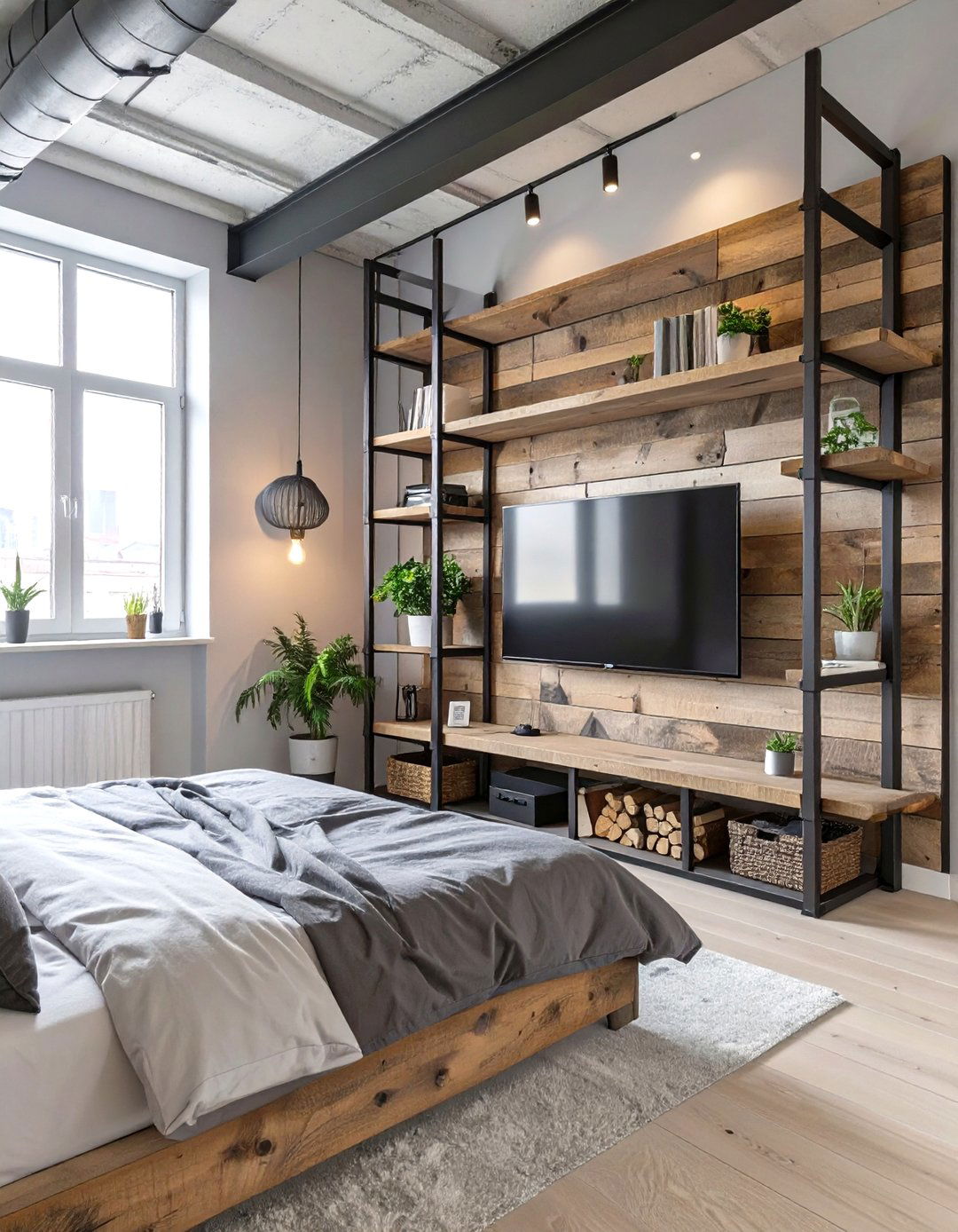 The Industrial Pipe Shelving Bedroom - 30 broom tv ideas