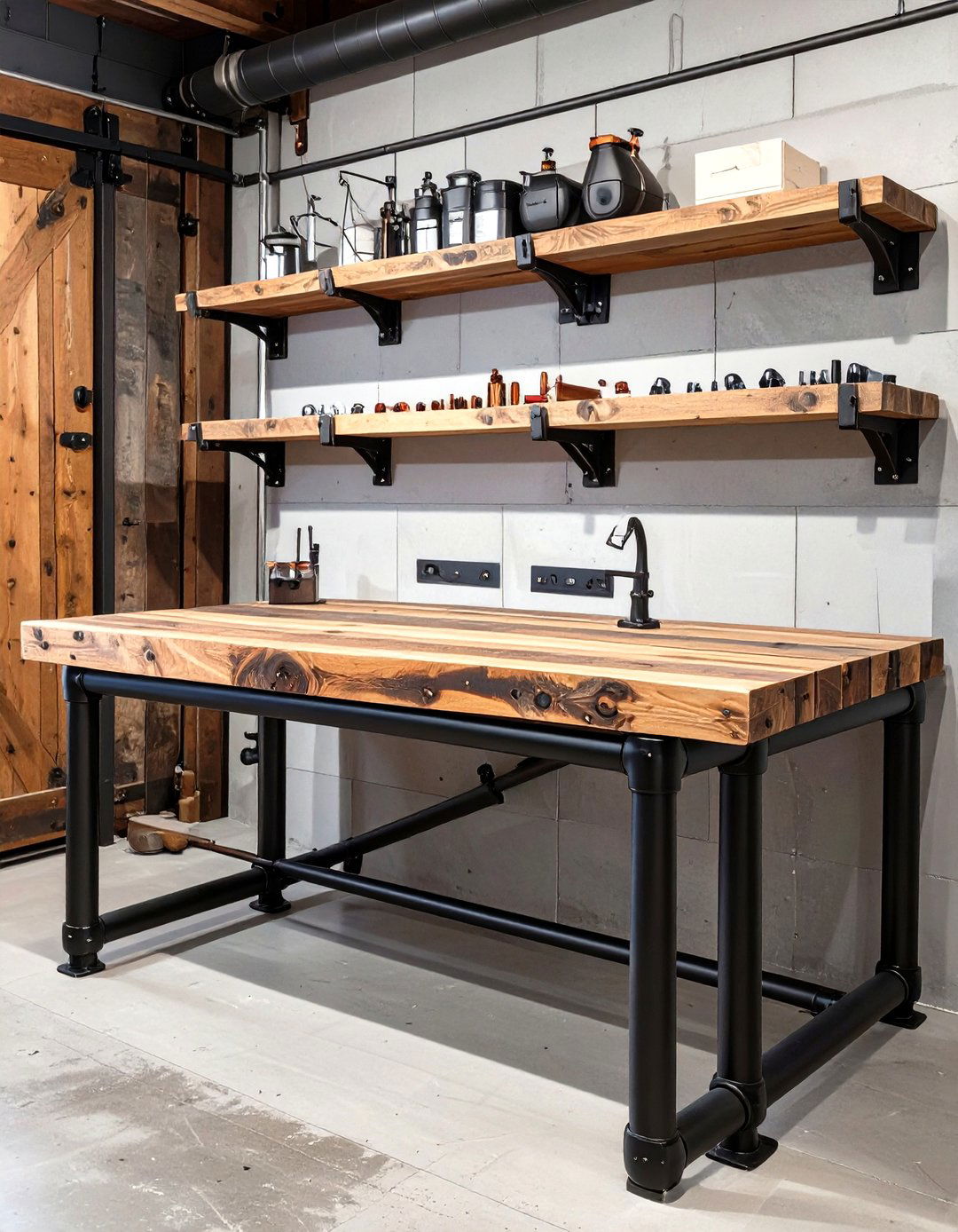 The Industrial Pipe and Wood Garage Workbench - 30 garage work bench ideas