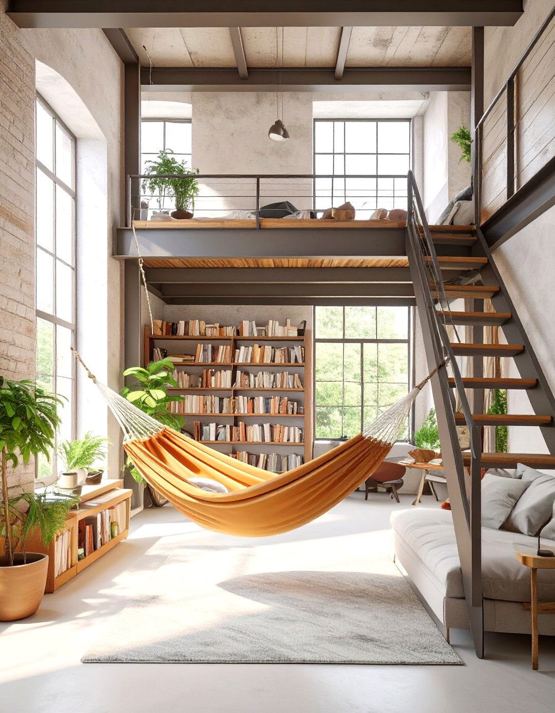 The Industrial Reading Loft with a Hammock - 30 modern industrial interior design ideas