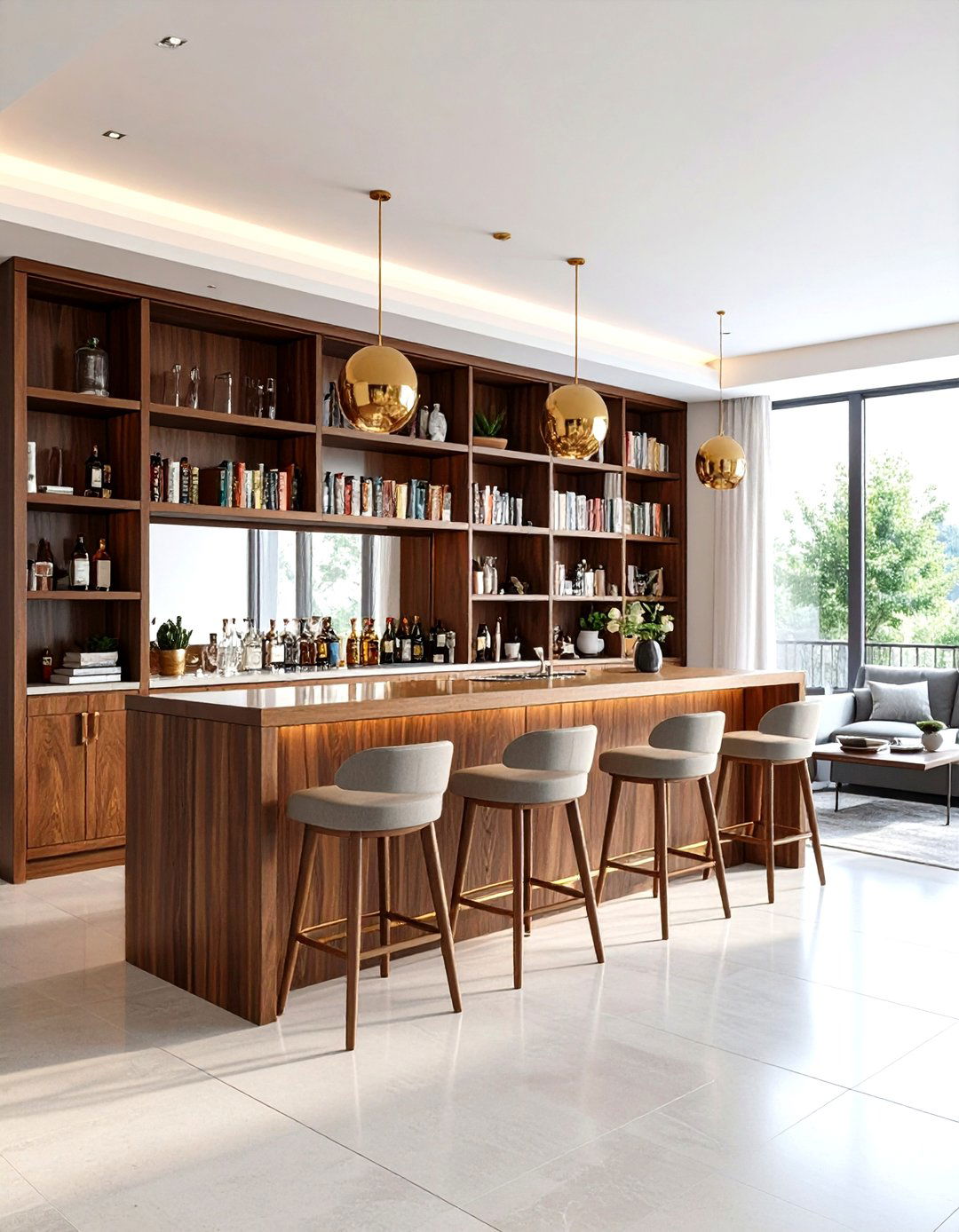 The Integrated Bookcase Bar - 30 living room bar ideas
