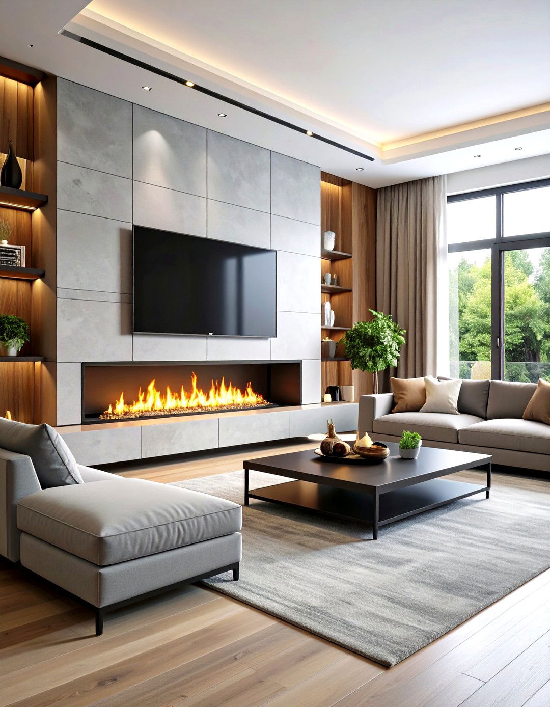 The Integrated Fireplace and Media Wall - 30 living room modern fireplace ideas