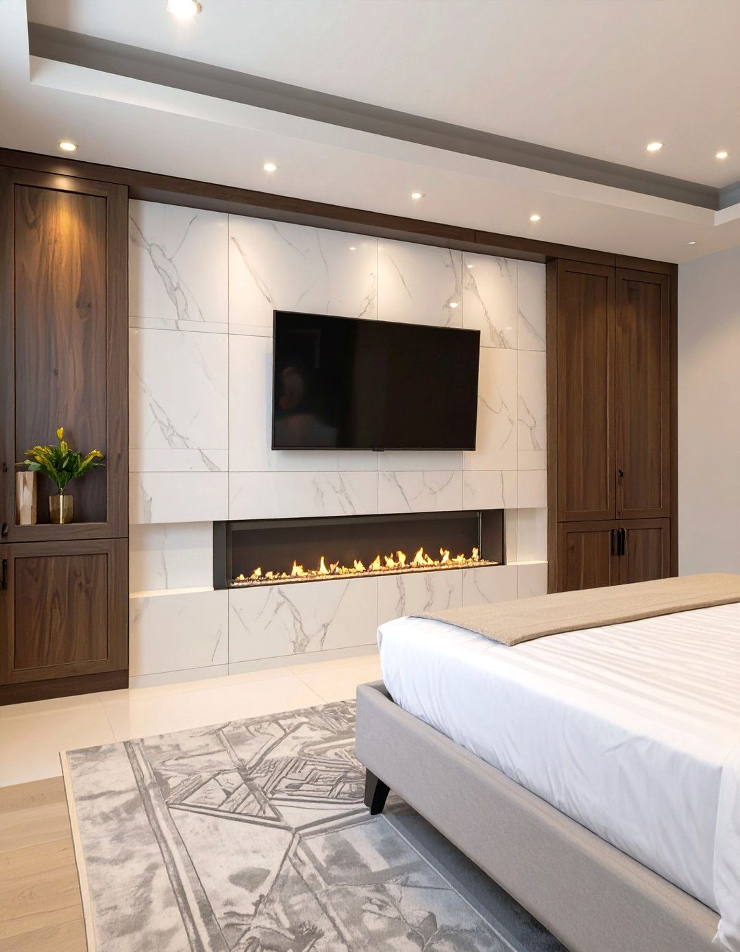 The Integrated Fireplace and TV Bedroom Wall - 30 master bedroom tv wall ideas