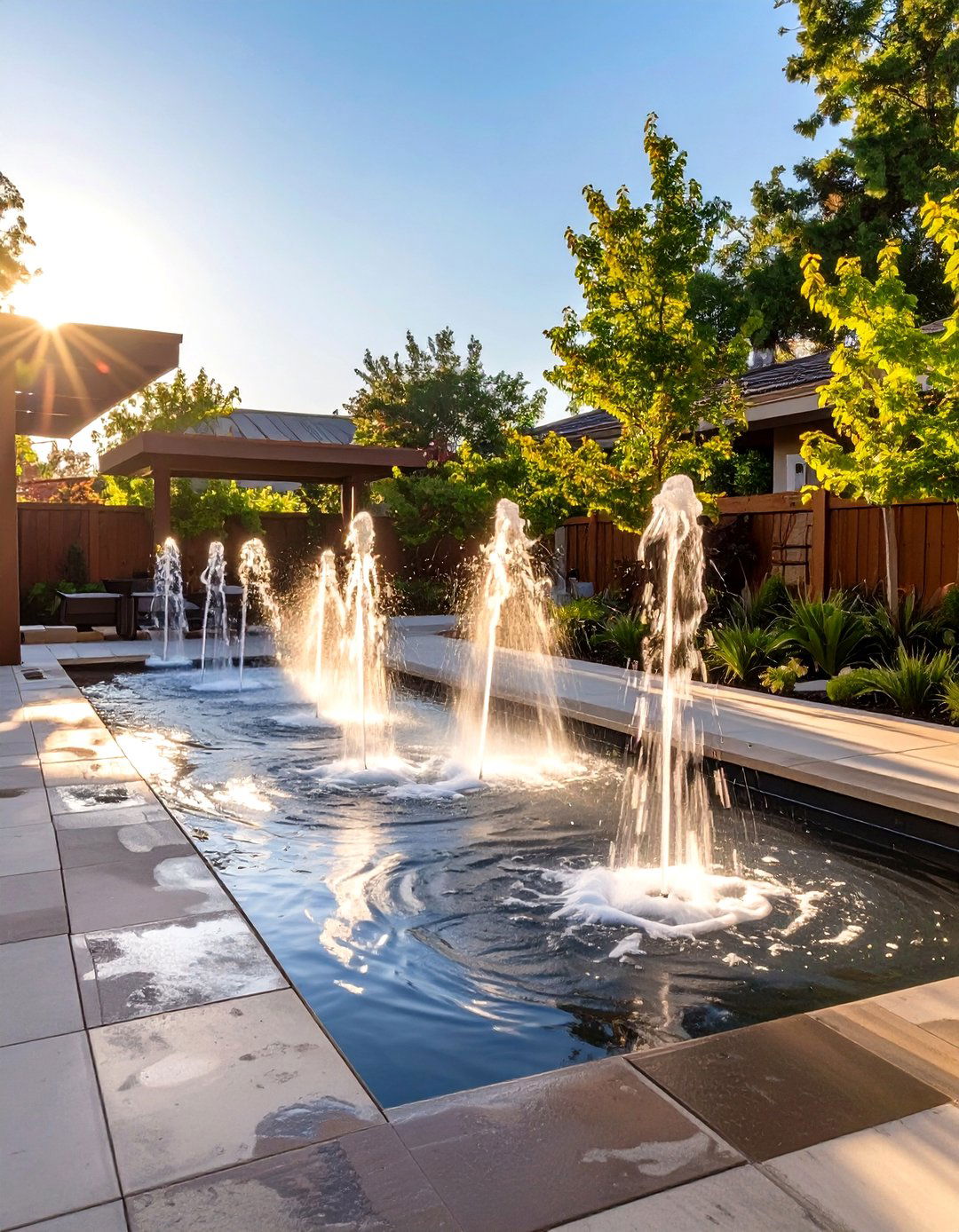 The Interactive Water Feature Plaza - 30 modern backyard ideas no grass