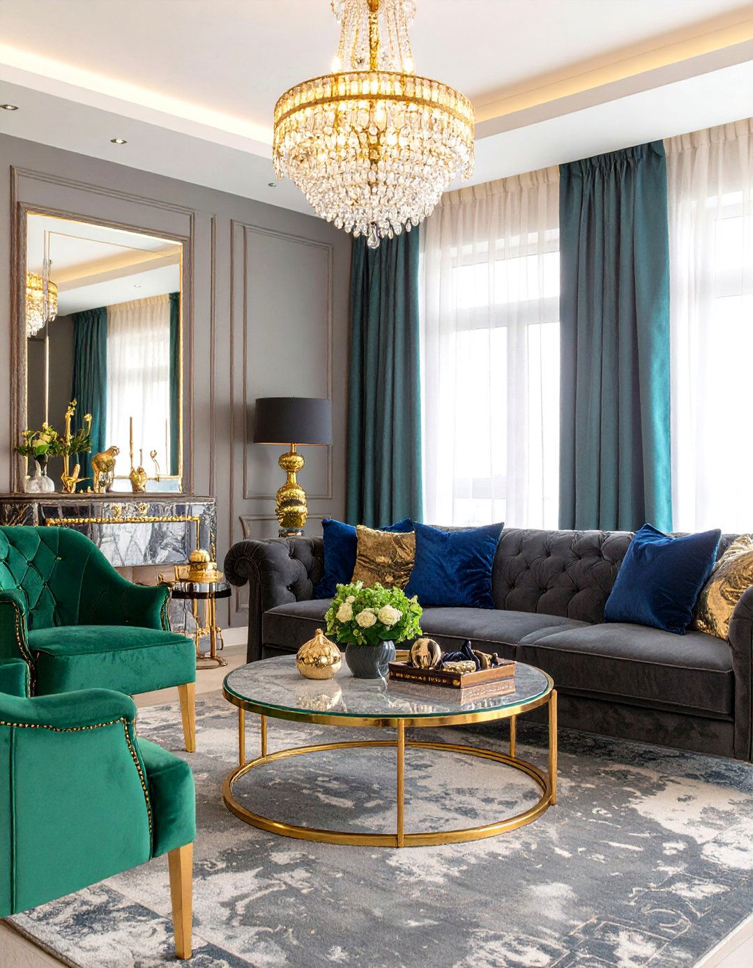 The Jewel Toned Living Room - 30 dark grey couch living room ideas