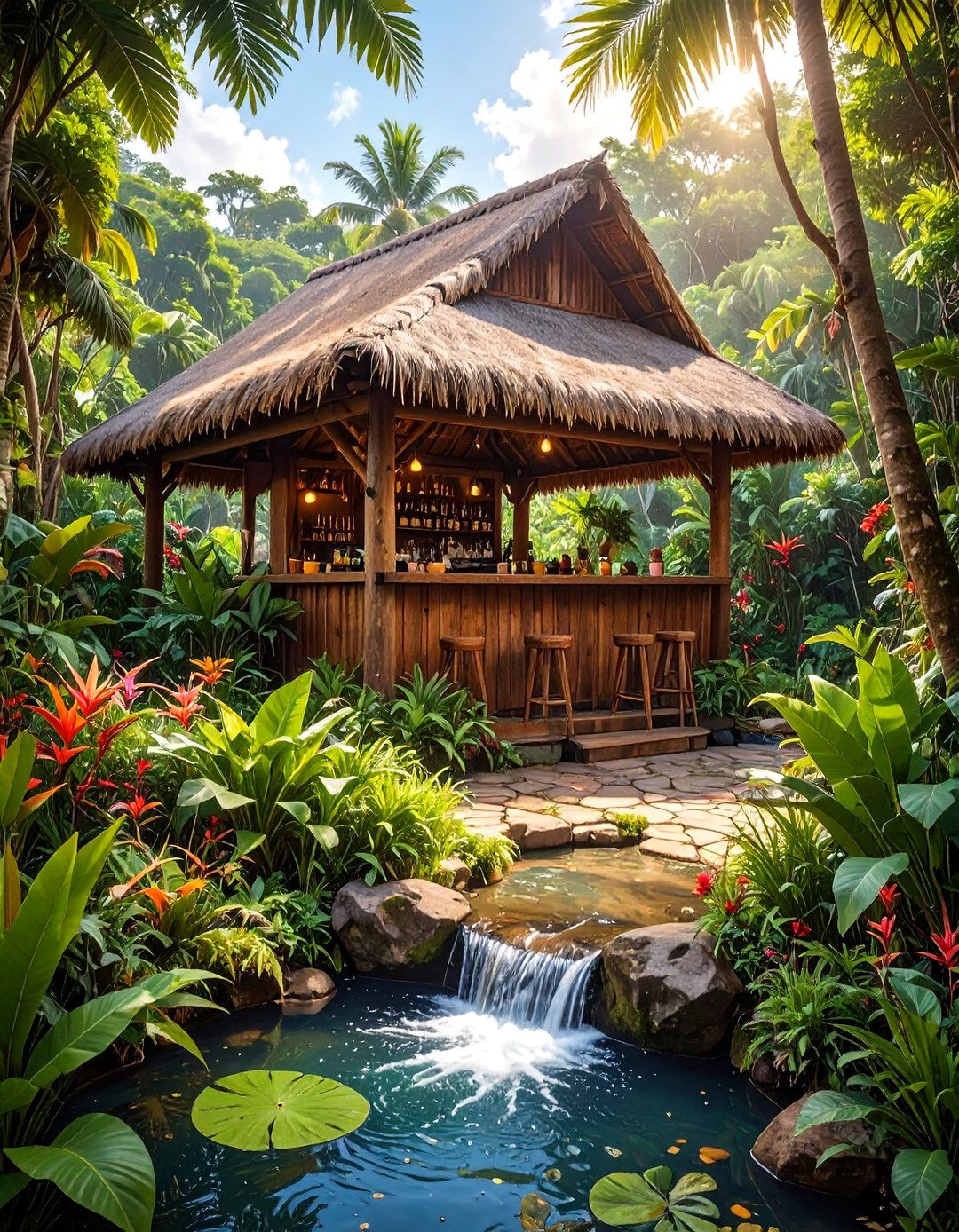 The Jungle River Outpost Bar - 30 backyard tiki bar ideas