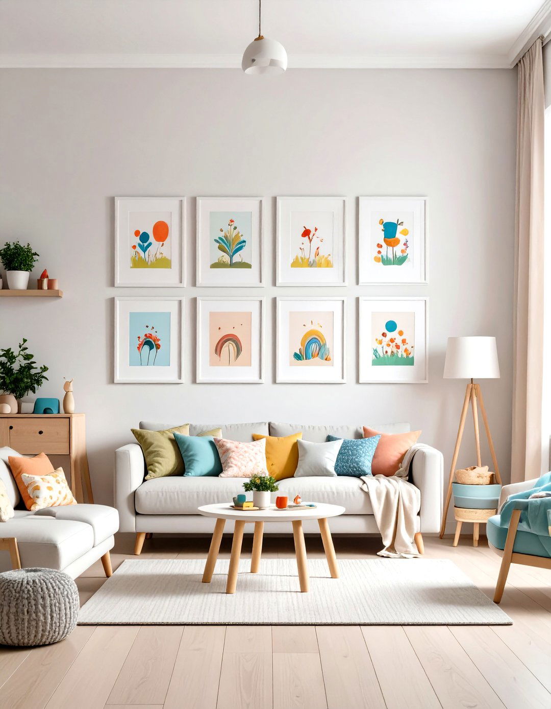The Kids Artwork Gallery Wall - 30 living room gallery wall ideas