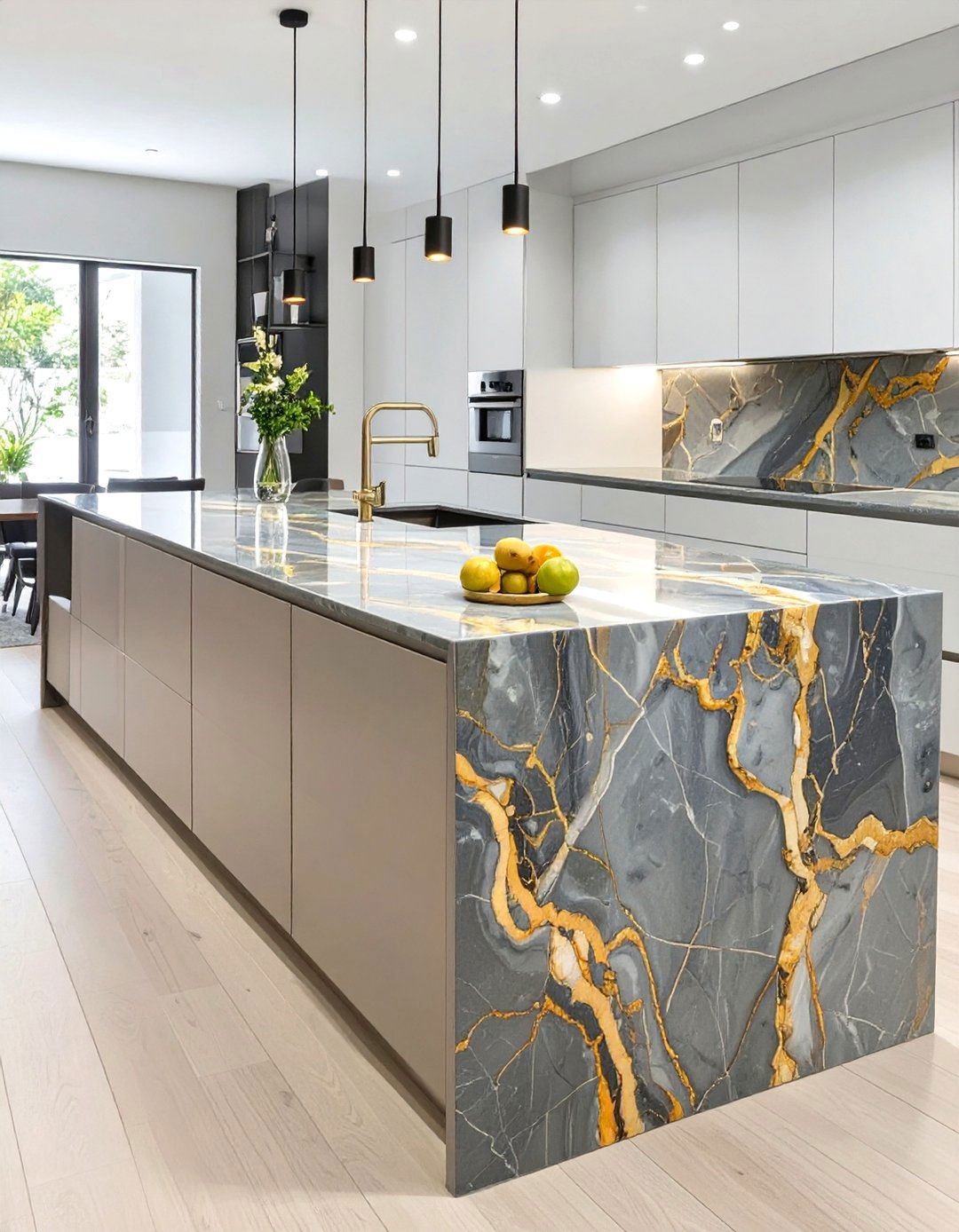 The Kitchen with a Waterfall Countertop Island - 30 contemporary luxury modern kitchen designs