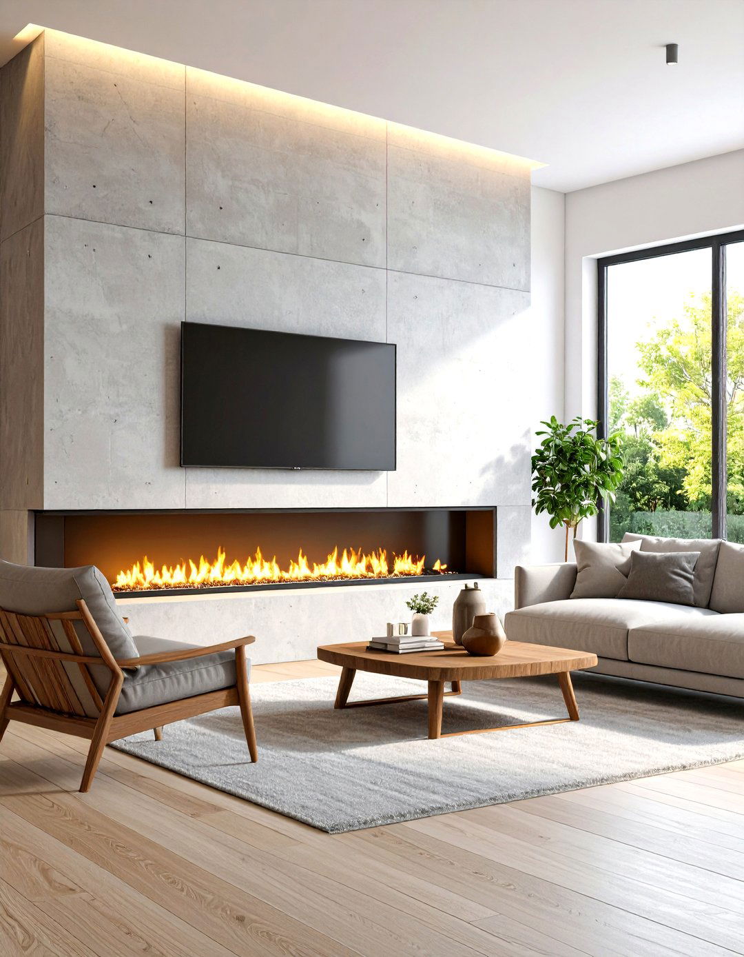 The Living Room with a TV Above a Linear Fireplace - 30 living room ideas with tv