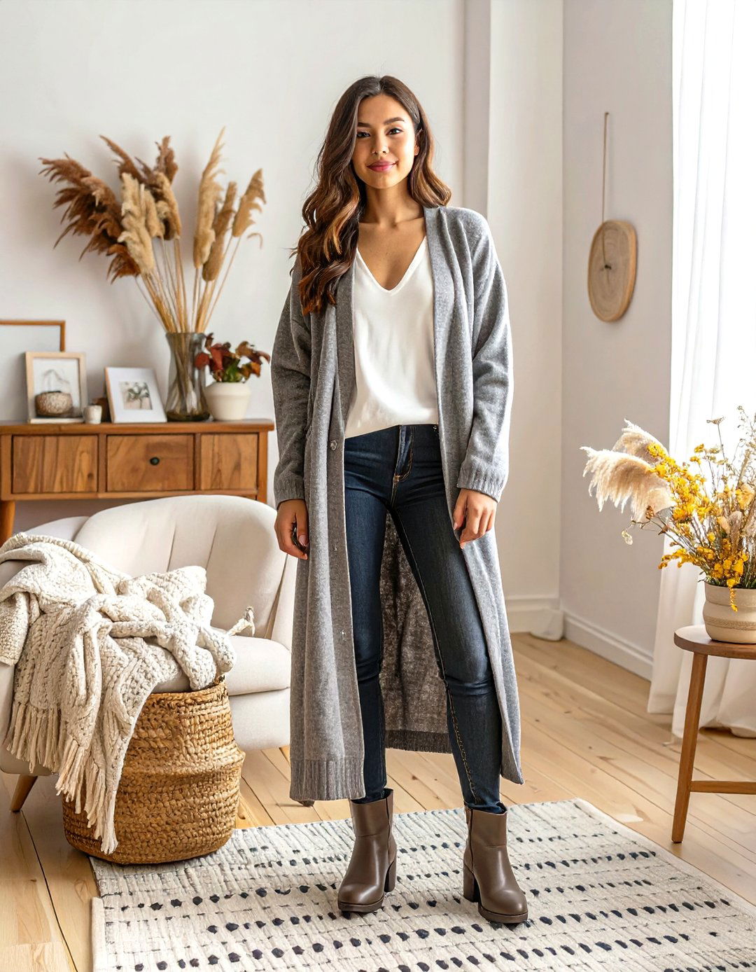 The Long Cardigan as a Centerpiece - 30 baby shower outfit ideas guest winter