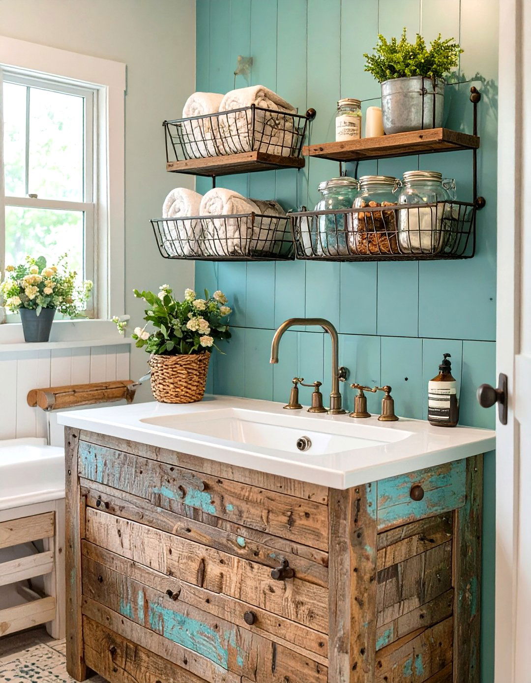 The Mason Jar and Wire Basket Bathroom - 30 farmhouse rustic bathroom ideas