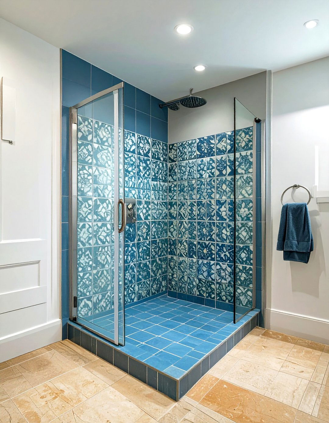 The Mediterranean Blue Curbless Shower - 30 curbless shower ideas