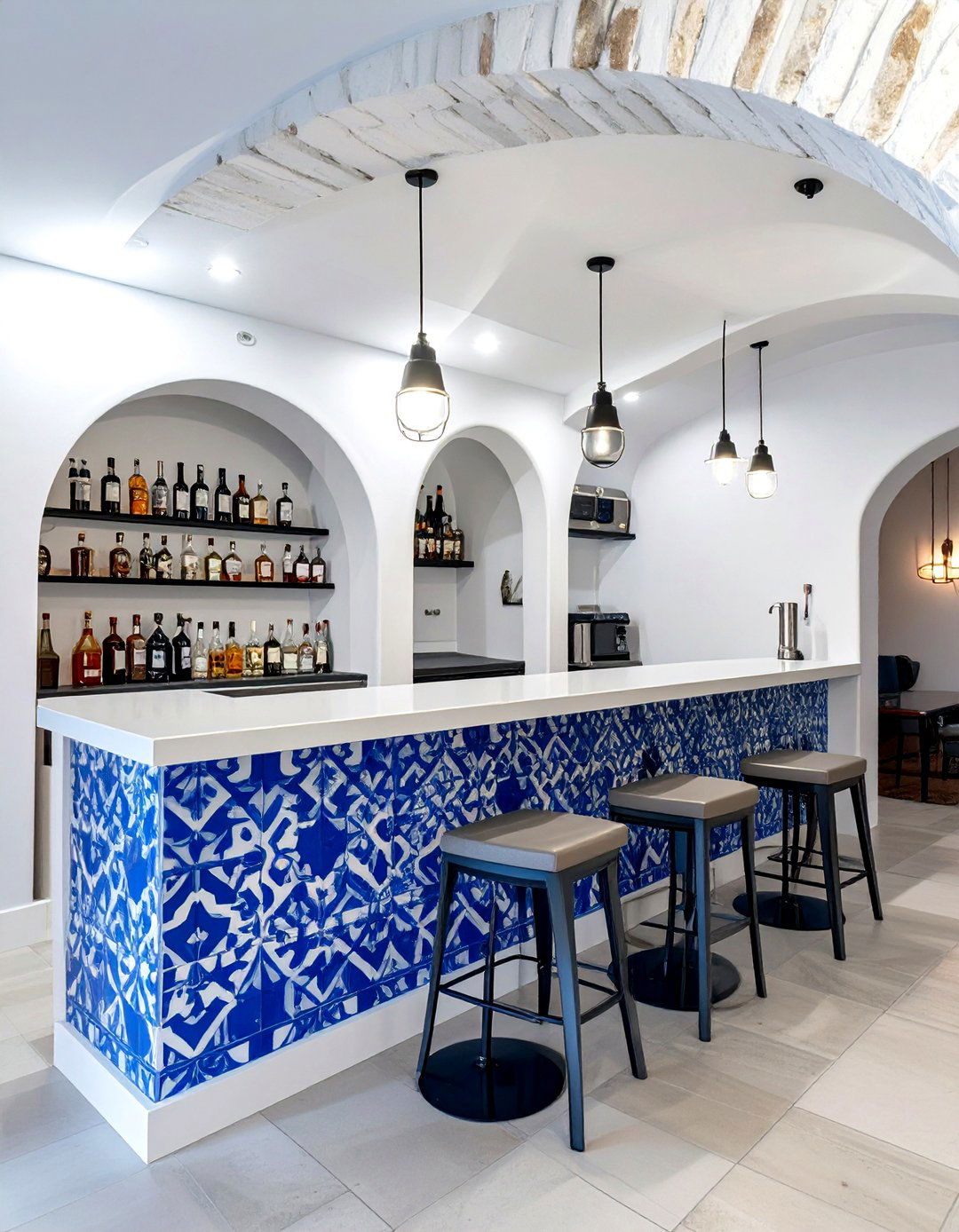The Mediterranean Blue and White Bar - 30 basement ideas with bar