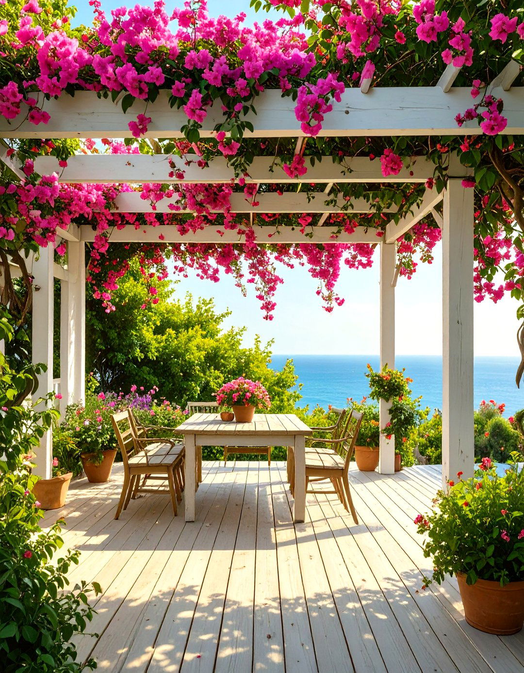 The Mediterranean Bougainvillea Covered Pergola Deck - 30 deck shade ideas
