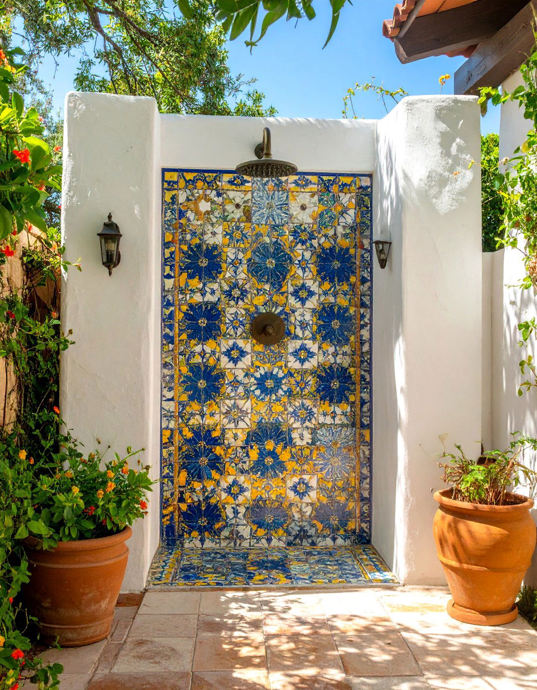 The Mediterranean Mosaic Tile Wall - 30 backyard outdoor shower ideas